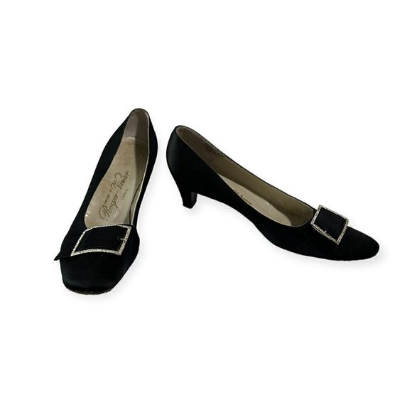 Vintage 60s Roger Vivier Black Satin Evening Pumps with Rhinestone Buckles - Picture 2 of 14